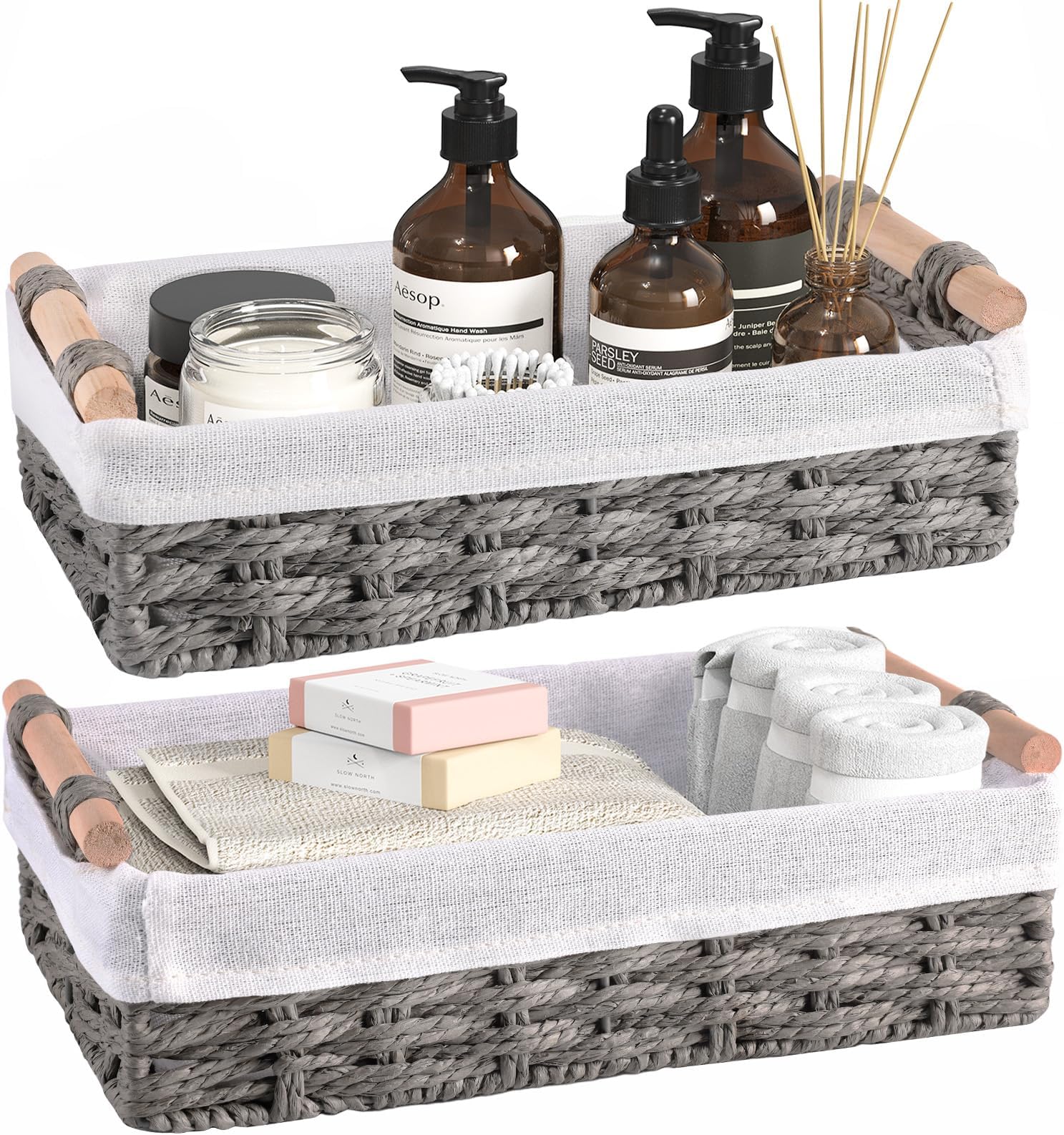 HomeHacks 2 Pack Storage Basket Wicker Baskets for Organizing with Handle Decorative Storage Bins for Countertop Toilet Paper Basket for Toilet Tank Top Small Baskets, Gery
