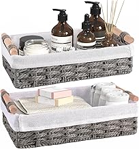 HomeHacks 2 Pack Storage Basket Paper Rope Baskets for Organizing with Handle Decorative Storage Bins for Countertop Toilet Paper Basket for Toilet Tank Top Small Baskets, Grey