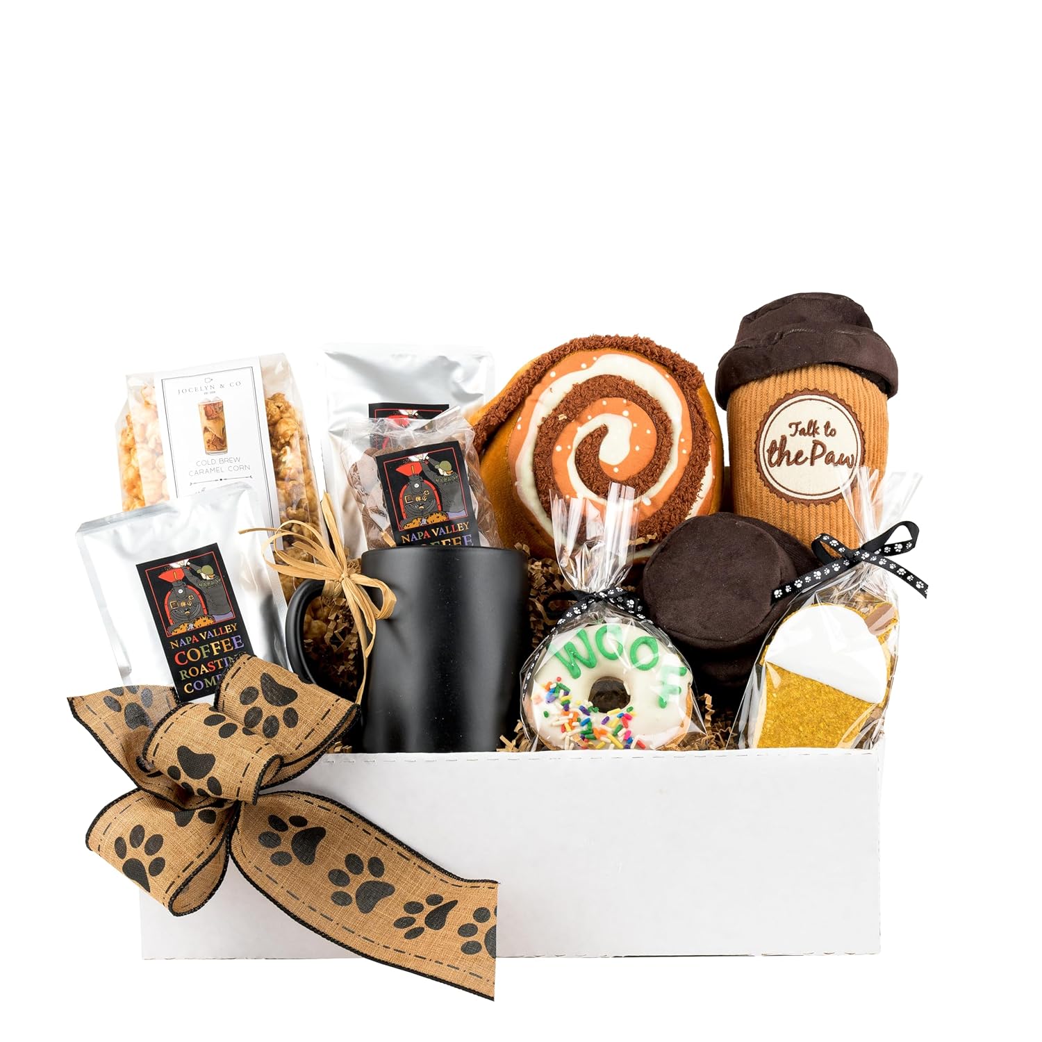 Gift Basket For Dog and Dog Owners, Coffee Lovers, Gourmet Coffee, Nuts, Popcorn, and Dog Treats and Toys, Holiday Gift, Lucca the Napa Dog