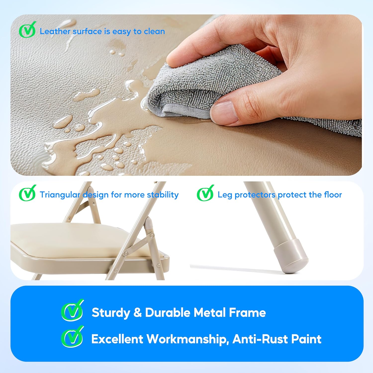 Simple Deluxe 6 Pack Folding Chairs with Leather Padded Cushion Seats & Durable Metal Frame, Comfortable, Foldable, Portable, Commercial Event Seat, Indoor Outdoor for Parties, Home, Office, Kahki