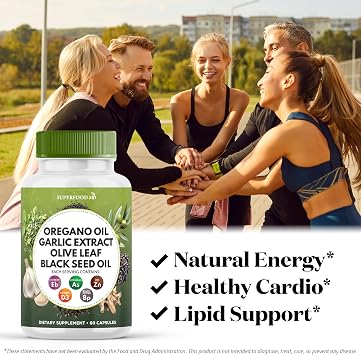 Superfood MD Oregano Oil Garlic Extract Olive Leaf Black Seed Oil Astragalus- for Women and Men- 60 Count