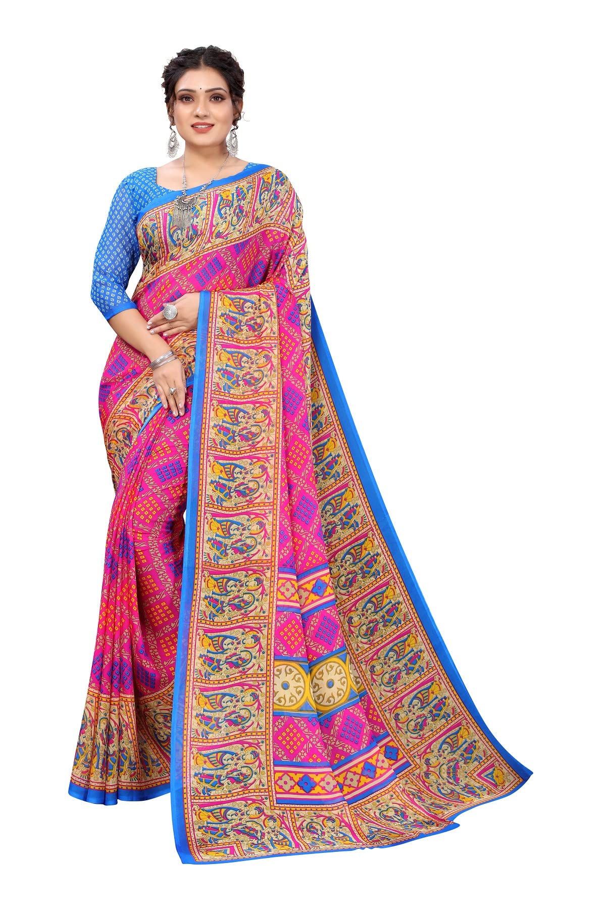 TreegoArt FashionWomen's Georgette Printed Rajasthani Saree With Unstitched Blouse Piece