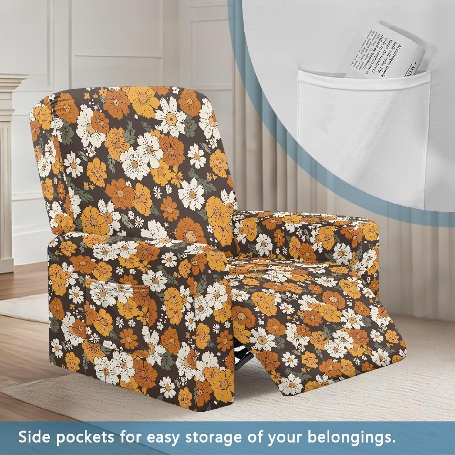 Daisy Flower Recliner Slipcovers Stretch Recliner Chair Cover 4-Pieces Chair Covers Non Slip Reclining Furniture Protector Couch Cover 1 Seat Sofa Recliner Protector