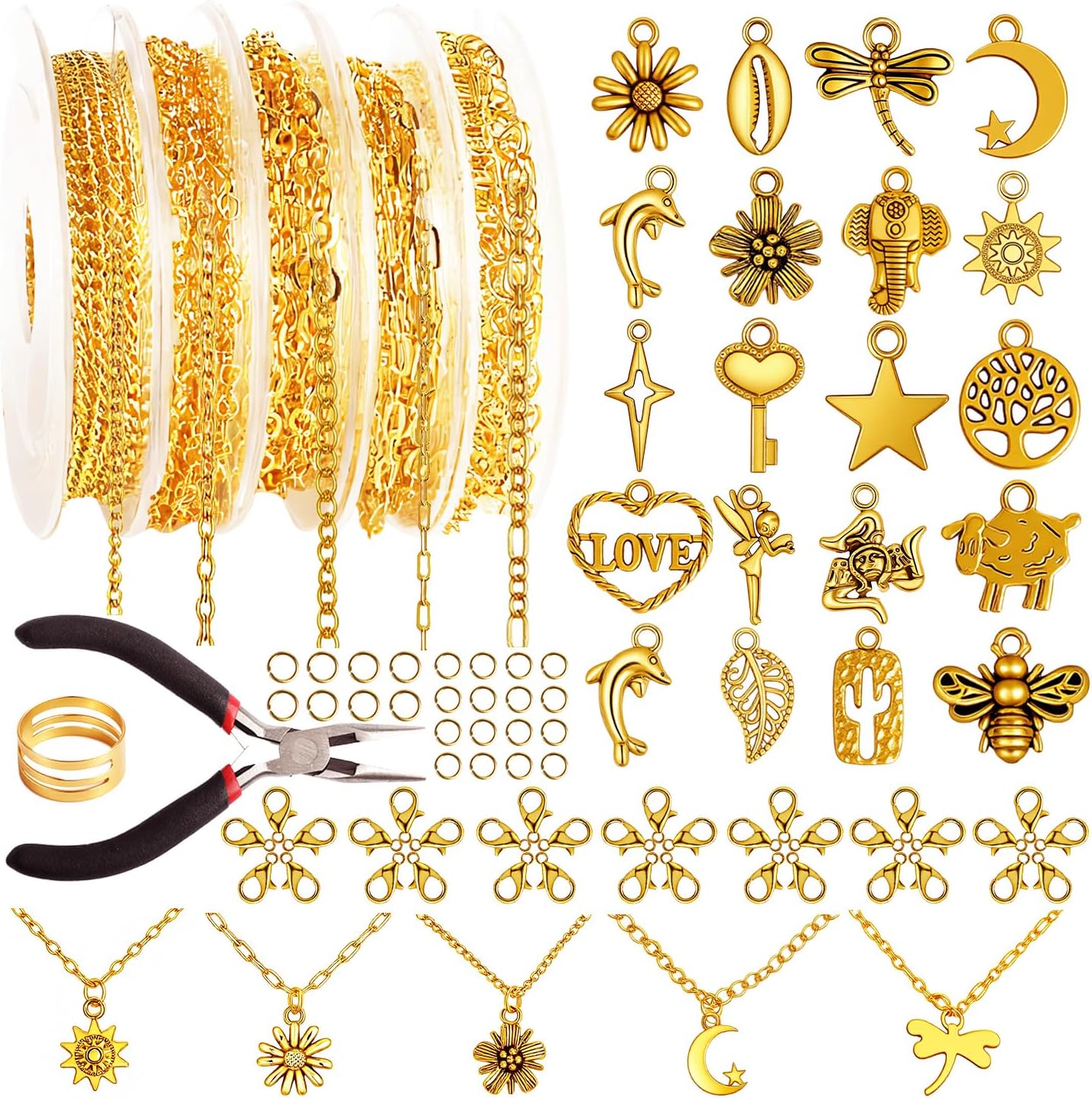 376pcs Gold Necklace Chain for Jewelry Making, 16.4ft 5 Rolls Jewelry Chains Bulk with Charm Pendants Jump Rings Lobster Clasps Pliers for DIY Necklace (Gold)
