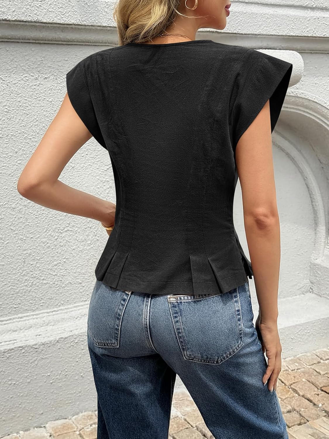 Cicy Bell Womens Deep V Neck Vest Tops Cap Sleeve Cropped Ruffle Shirts Button Up Cotton Fitted Blouse - Image 7