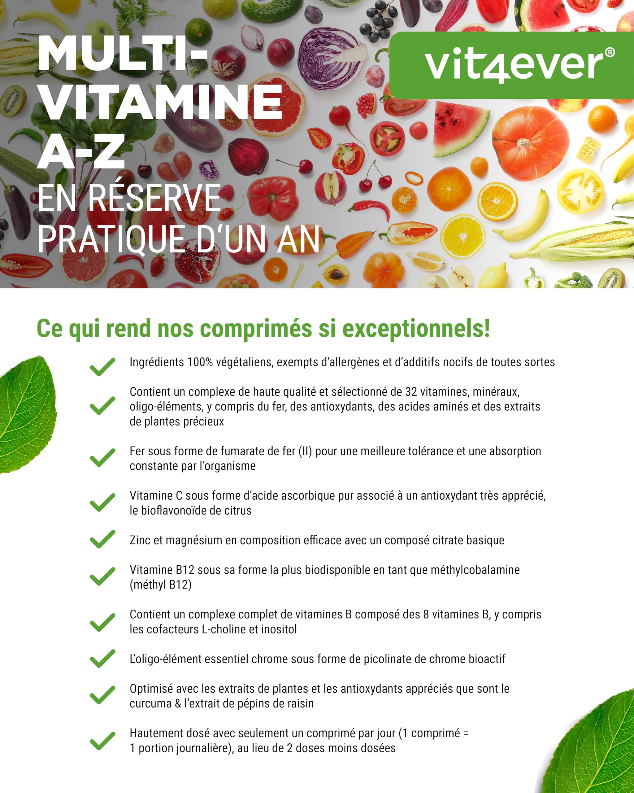 Multivitamine A-Z - 365 comprimés (12 mois) - 32 principes actifs - Combinaison de minéraux + acides aminés + oligo-éléments + extraits de plantes - Vegan - Fortement dosé