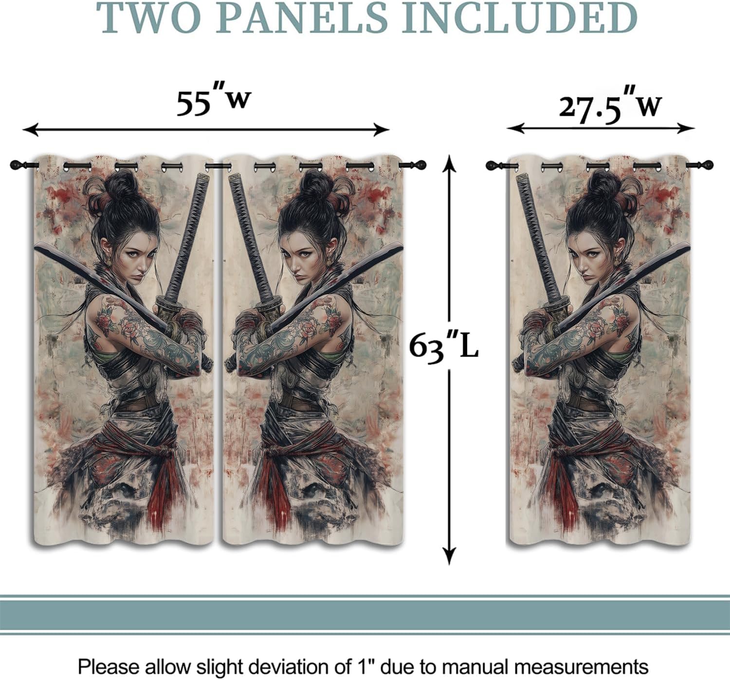 Female Samurai Boy Girls Blackout Curtains,Japanese Anime Asian Modern Animation Art Style, 2 Panel Grommet Thermal Insulated Drapes for Bedroom Living Kids Room Deco 55x63 inch image 4