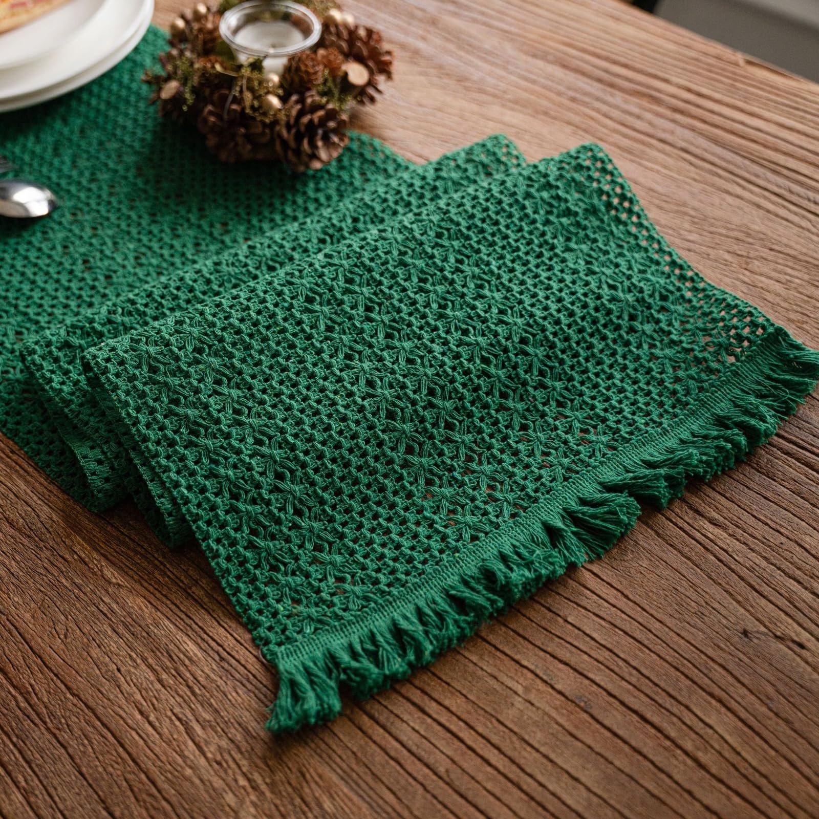 Grün Tischläufer Baumwolle Leinen, Makramee Boho Tischläufer Deko Abwaschbar Tischband Einfarbig Gewebter mit Quasten Tischdecke für Küche Esszimmer Hotels Tischdeko, 30x450 cm, Grün