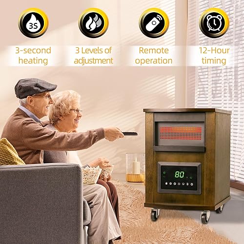 Miniatura 5 de Calentadores infrarrojos RealSmart Space de 1500 W para uso en interiores, calentador eléctrico de cuarzo para habitación grande con ruedas de