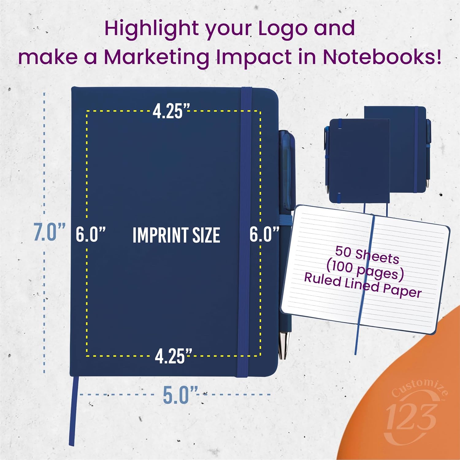 Personalized Notebook Journal – 5” x 7” – 6 Pack – Customized Notebook with Name, Text or Logo - 100 Page Custom Journal, Leatherette Hardcover & Pen - Navy