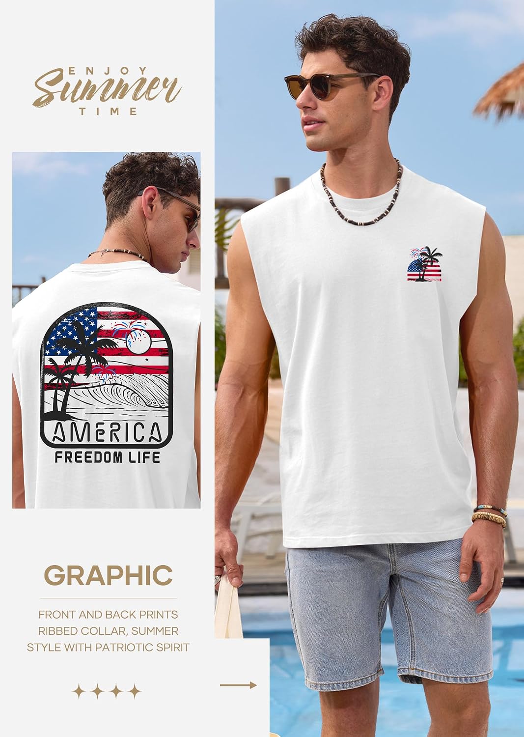 VOGSTART Mens Summer Graphic Tank Casual Cotton Sleeveless Cutoff Shirts