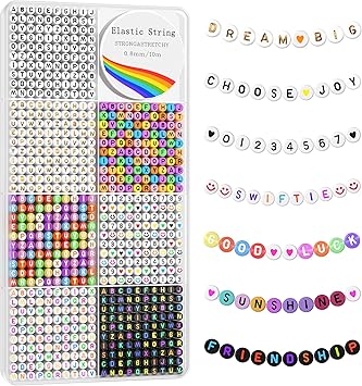 Redtwo 1600 Pcs Letter Beads Kit, 6 Styles of Colorful Alphabet Beads for Bracelet, Number Smiley Face Beads Heart Beads and a Roll of Elastic String for Friendship Bracelet Kit.