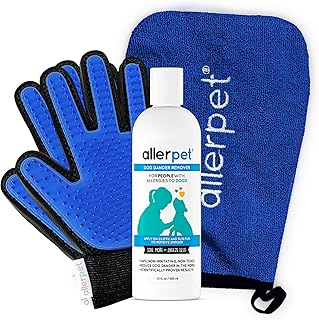 Allerpet Dog Allergy Relief w/Free Pair of Grooming Gloves - Best Pet Dander Remover for Allergens - for Canine Dry Skin Treatment - Good for Fur & Skin - (12oz)