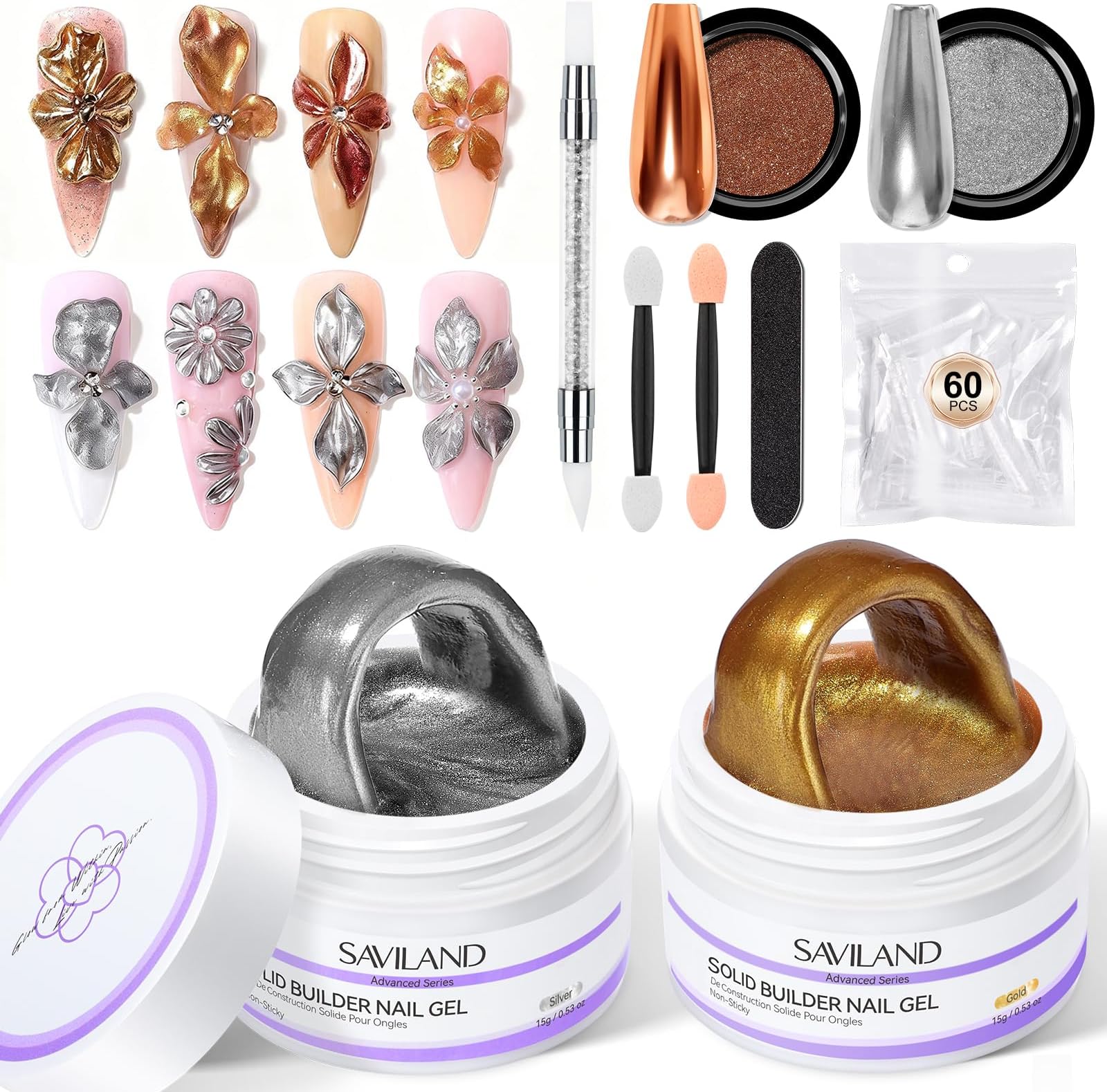 SAVILAND Non Sticky Solid Builder Nail Gel: Gold Silver Metallic 3D Nail Gel No Wipe Sculpting Gel for Nail Art Easy Sculpting Molding Gel with Chrome Nail Powder DIY Manicure Carving Decoration Salon
