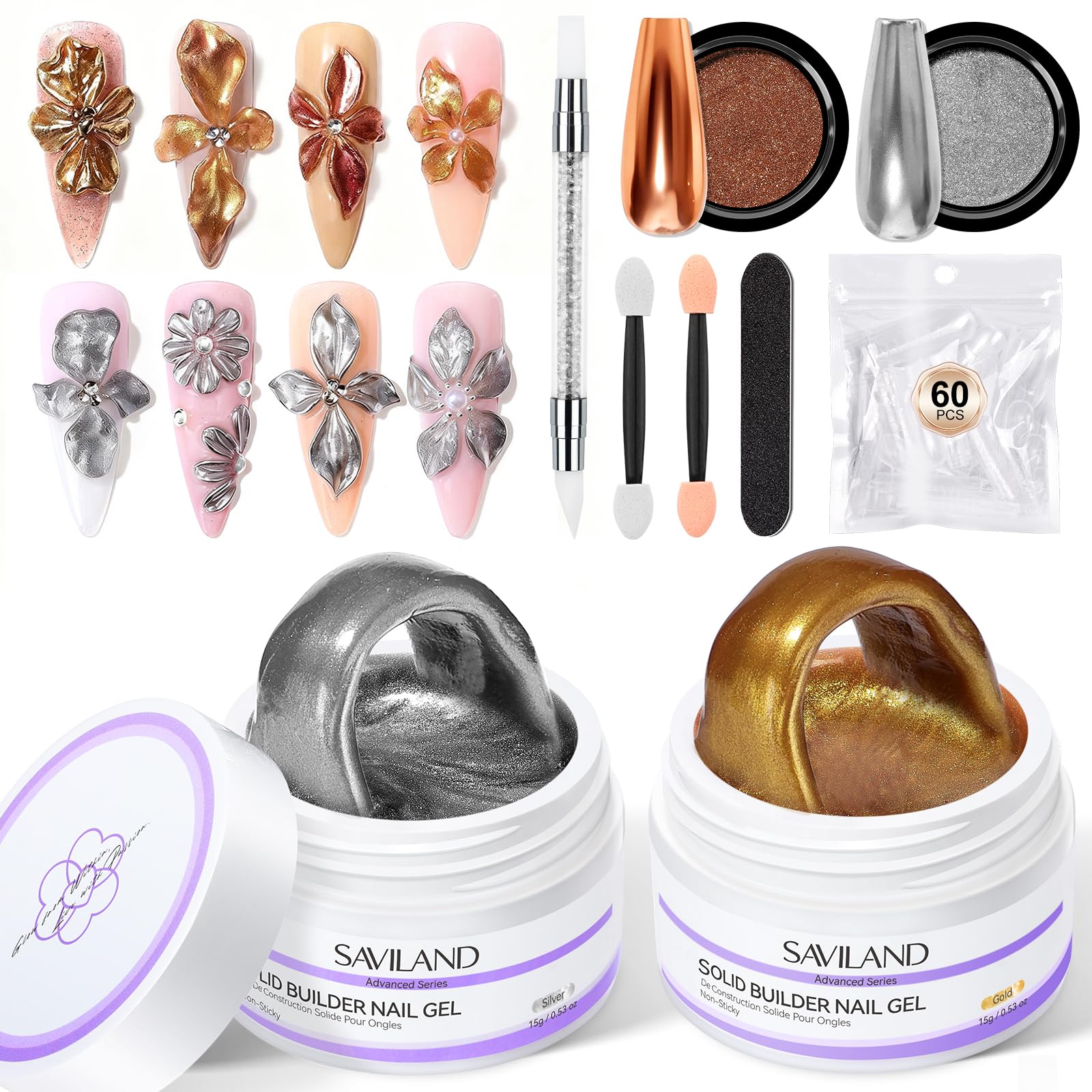 SAVILAND Non Sticky Solid Builder Nail Gel: Gold Silver Metallic 3D Nail Gel No Wipe Sculpting Gel for Nail Art Easy Sculpting Molding Gel with Chrome Nail Powder DIY Manicure Carving Decoration Salon
