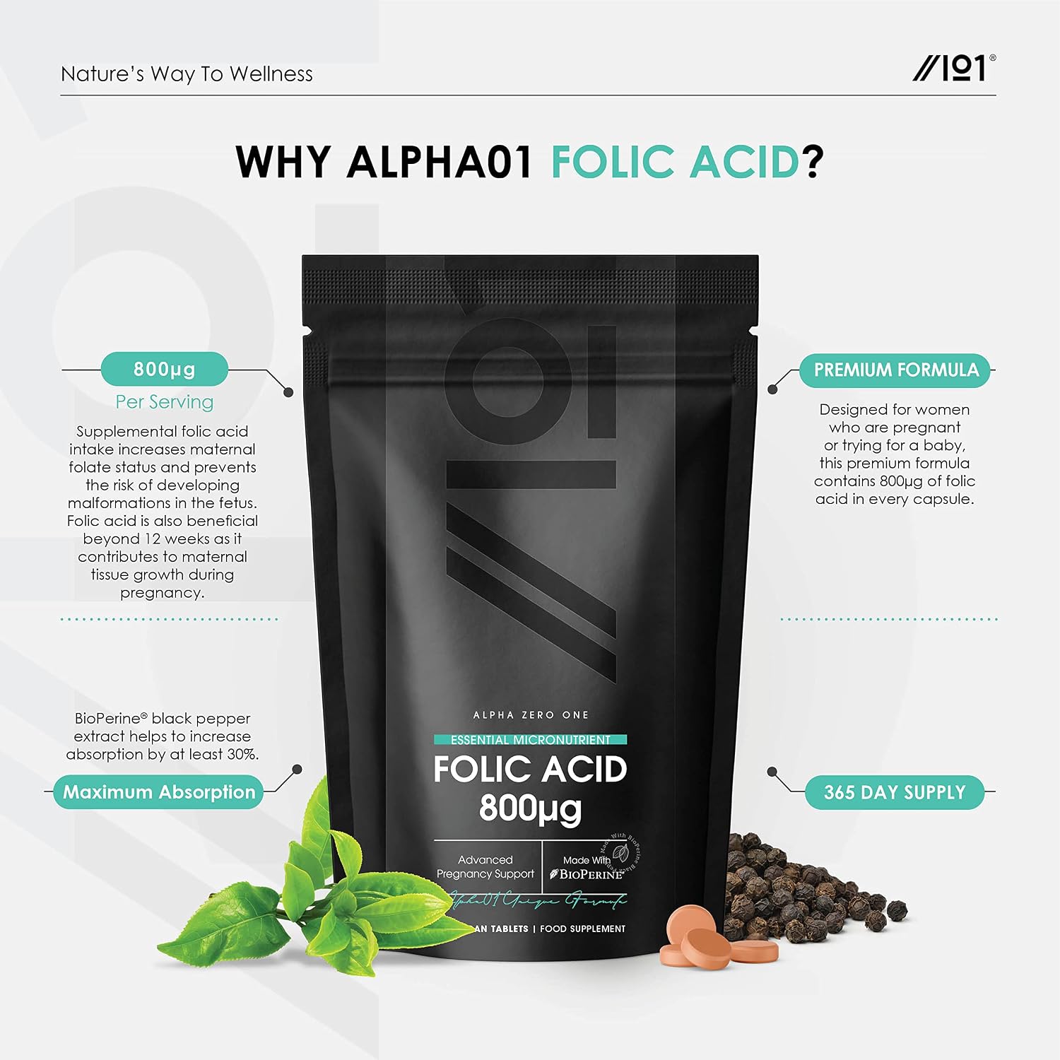 Folic Acid 1000mcg - Essential Pregnancy Support - 365 Vegan Tablets (1 Year Supply) - Resealable and Recyclable Pouch by Alpha01 - Image 3