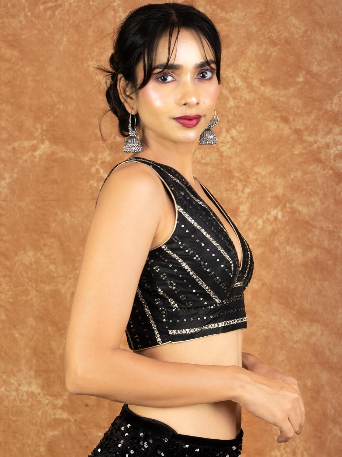 FIGURE'S DESIGNER Women's Sequin Embroidered SabyaSachi Cut V Neck Sleeveless Readymade Saree Blouse E24