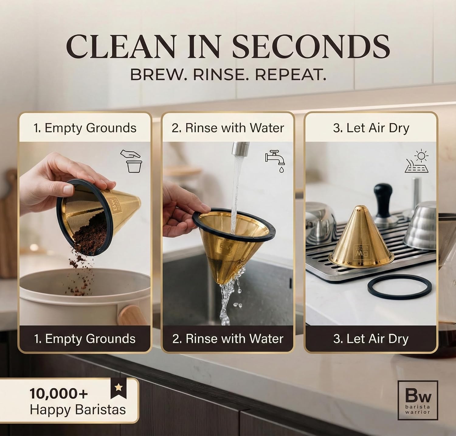 Barista Warrior Reusable Coffee Filter - Stainless Steel Pour Over Dripper, Compatible for Chemex, Hario V60 & Drippers, Easy to Clean Flavorful Brew Fine Mesh Coffee Filter - Gold Titanium Coated