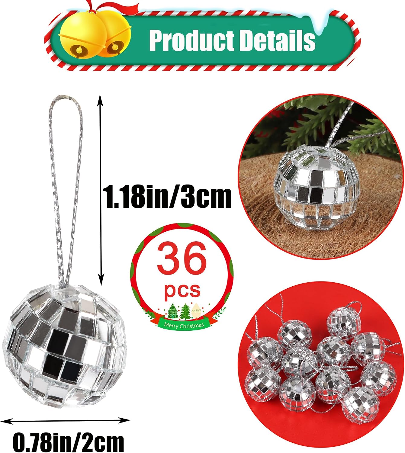 FOIMAS 0.78in Mini Disco Ball Hanging Ornament,36pcs Silver Mirror Disco Ball Hanging Decoration for 70s Party Wedding Christmas Tree Decoration image 2