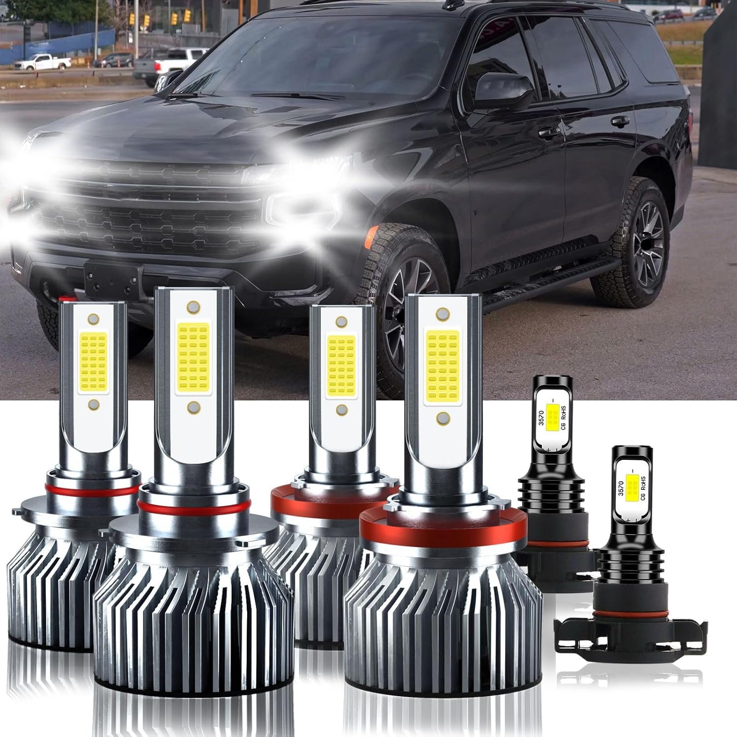 Compatible For Chevrolet Tahoe 2007-2015 High&Low Beam Fog Light Bulbs Kit, 32000LM 300% Brightness 6500K White with Cooling Fan, Plug and Play, Pack of 6