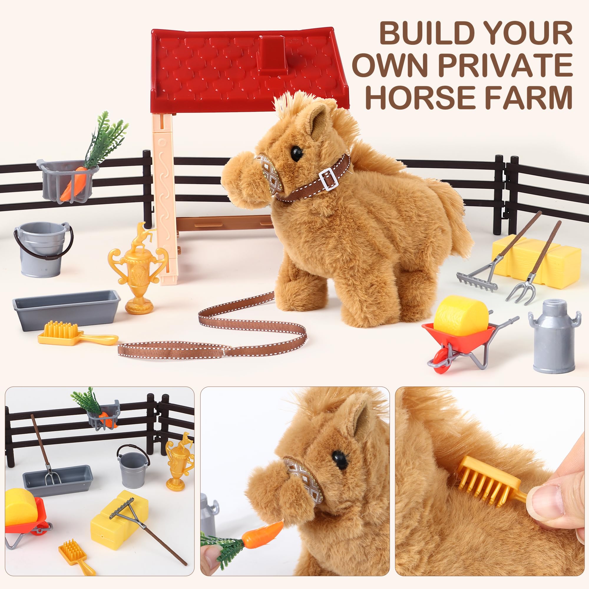 Tacobear Interaktives Pferd Spielzeug für Kinder, Kuscheltier Pferd der Läuft mit Stall & Zaun, Elektronisches Haustier Plüsch Pony mit Sound, Geschenk für Mädchen Jungen 3 4 5 6 7 8 Jahre