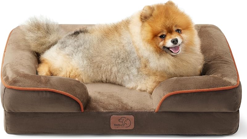 Cama Ortopédica para Cães Pequenos Bedsure com Espuma em Formato de Caixa de Ovo, Capa Lavável e Base Antiderrapante Marrom – 60,96 x 45,72 x 15,24 cm
