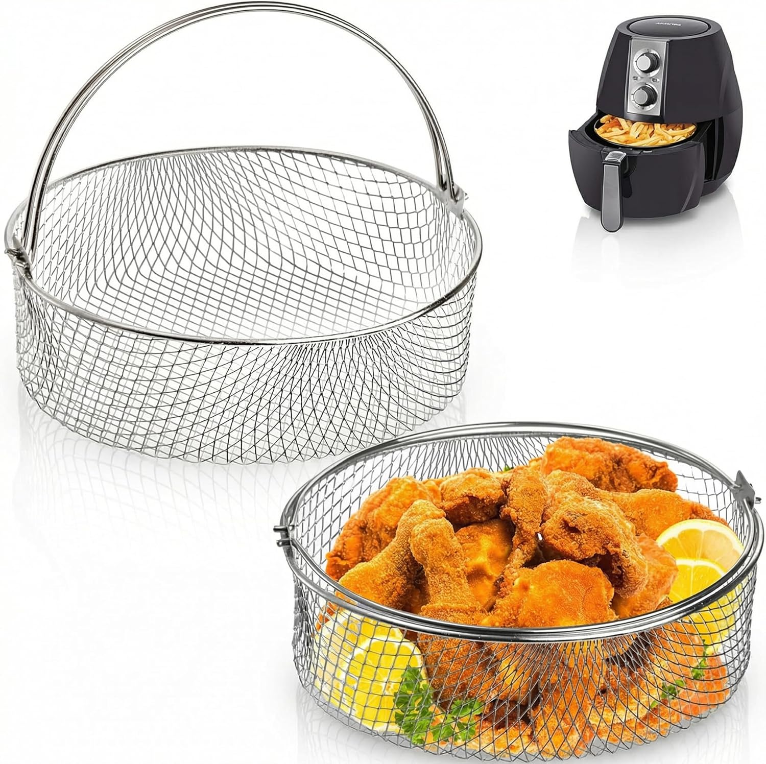 Elsjoy 2 Pack Air Fryer Baskets, 8 Inch Air Fryer Replacement Accessory Mesh Basket with Handle, 18/8 Stainless Steel Steamer Basket for Instant Pot, Oven, Steamer