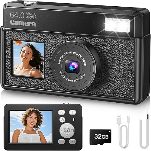 Vista 7 de Cámara digital 4K UHD, cámara de enfoque automático de 64 MP con tarjeta SD de 32 GB, mini cámara digital vintage con pantalla grande de 2.8 Blanco