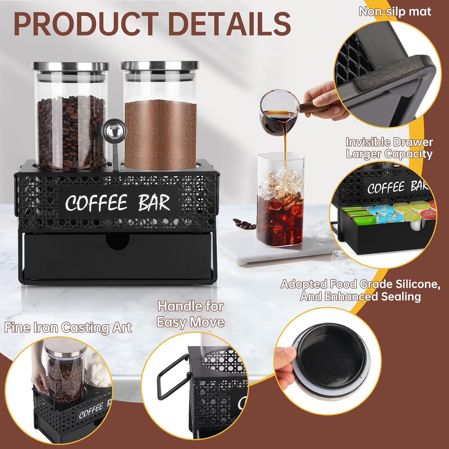 Glass Coffee Container with Shelf, 2x47oz Sugar Coffee Canister for Ground, Coffee Bean Storage Jar with Coffee Scoop for Kitchen Coffee Bar Decor and Accessories -Black image 2