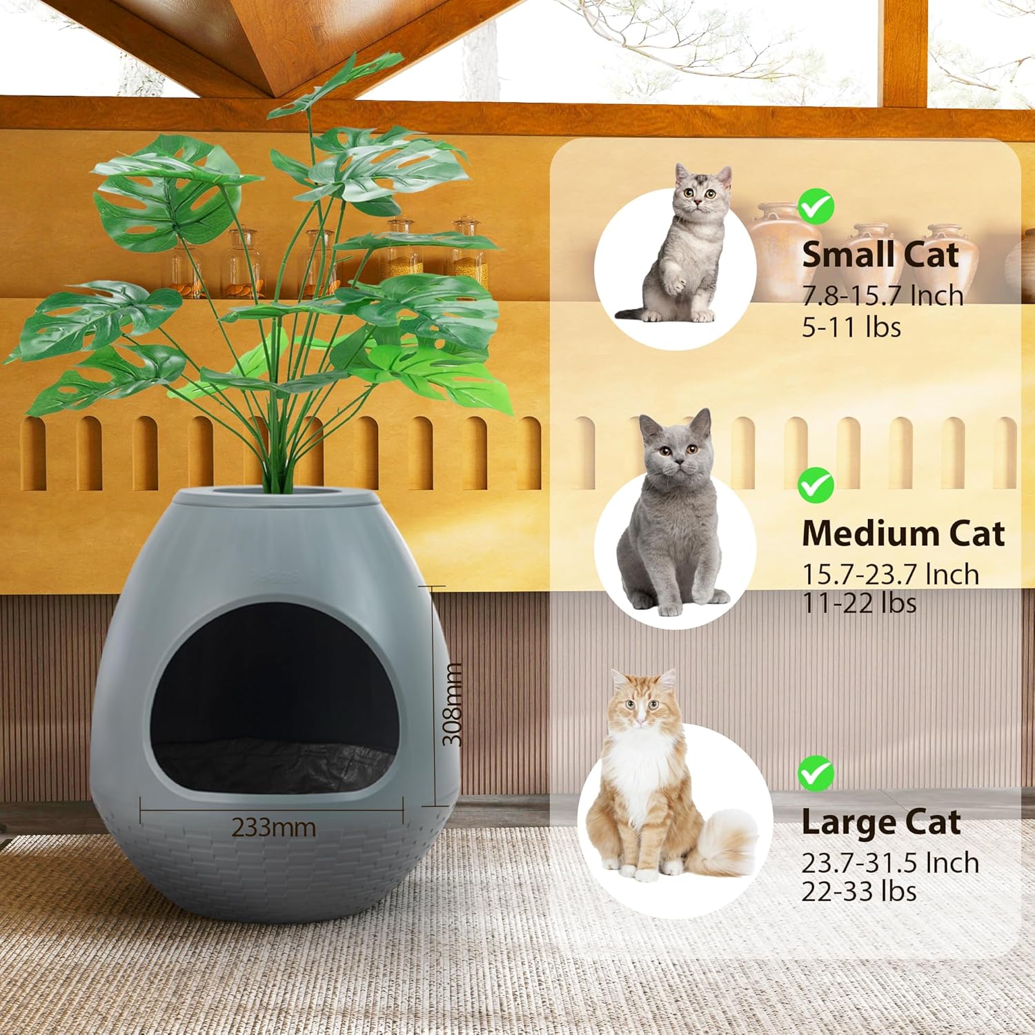 Eggloa6 Hidden Cat Litter Box with Artificial Plants - Egg-Shaped Enclosure Includes Scoop, Discreet Furniture for Home Decor, DIY Assembly Cat Litter Box Cabinet for Living Room(Grey)