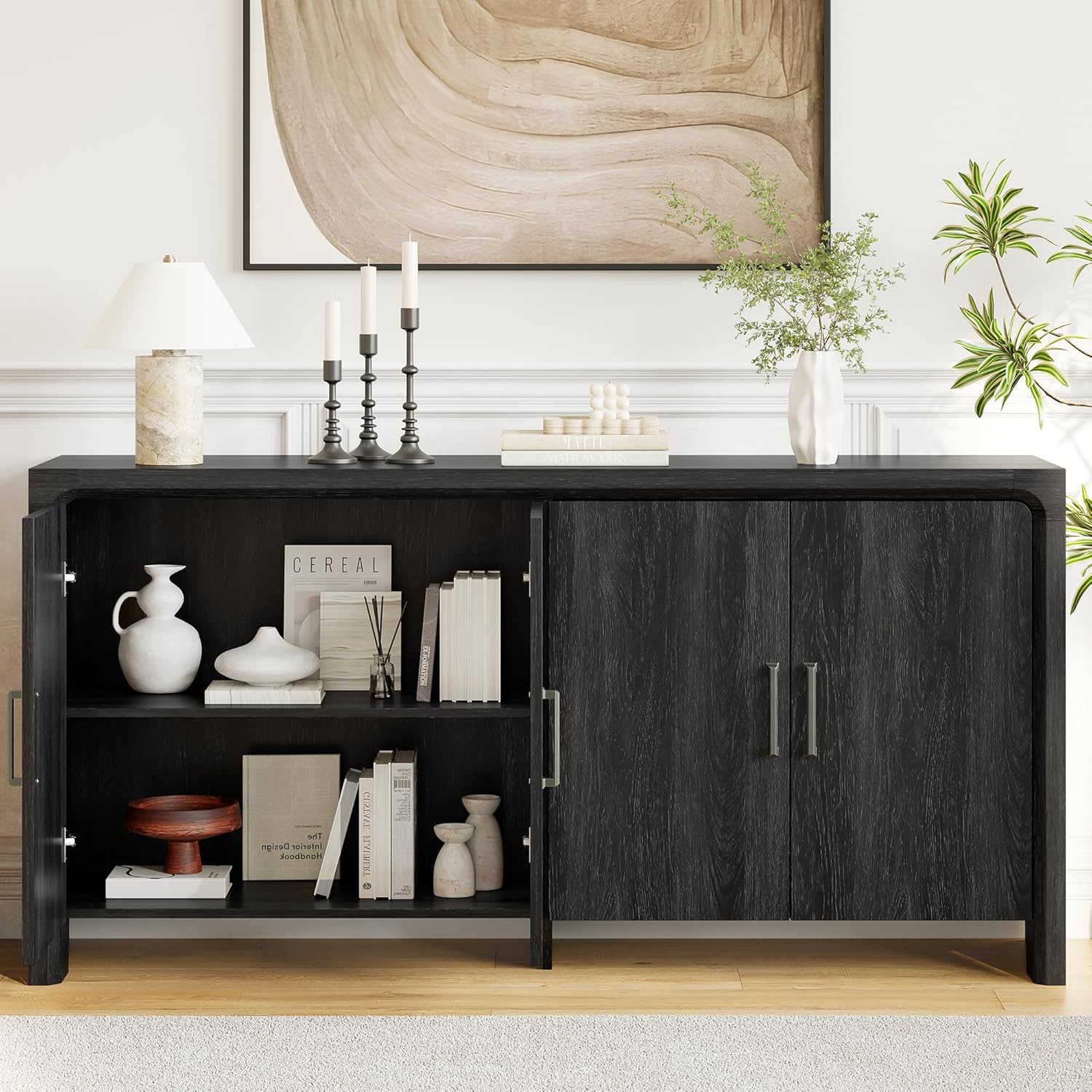 ONBRILL 63" Buffet Cabinet with 4 Doors and Adjustable Shelves, Sideboard Buffet Cabinet with Storage, Wood Kitchen Console Table, Modern Coffee Bar for Kitchen, Living Room, Hallway (Dark Grey)