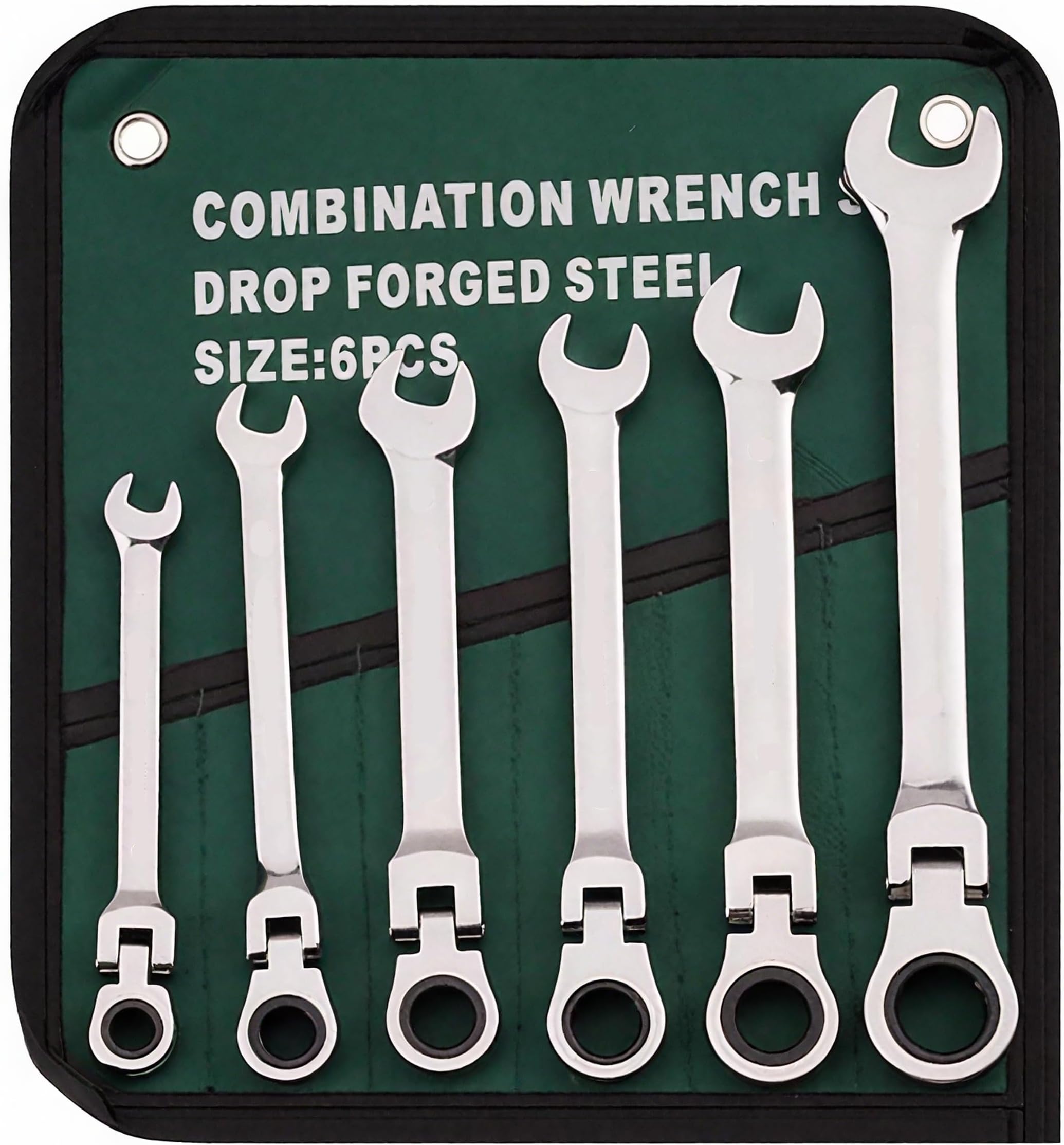 6PCS Flexible Head Ratchet Spanner Set, Metric 8-17mm Combination Wrenches with 180° Flex Head & 72-Tooth Ratchet, Chrome Vanadium Steel Nickel Plated, Includes Roll Pouch for DIY and Car Repair