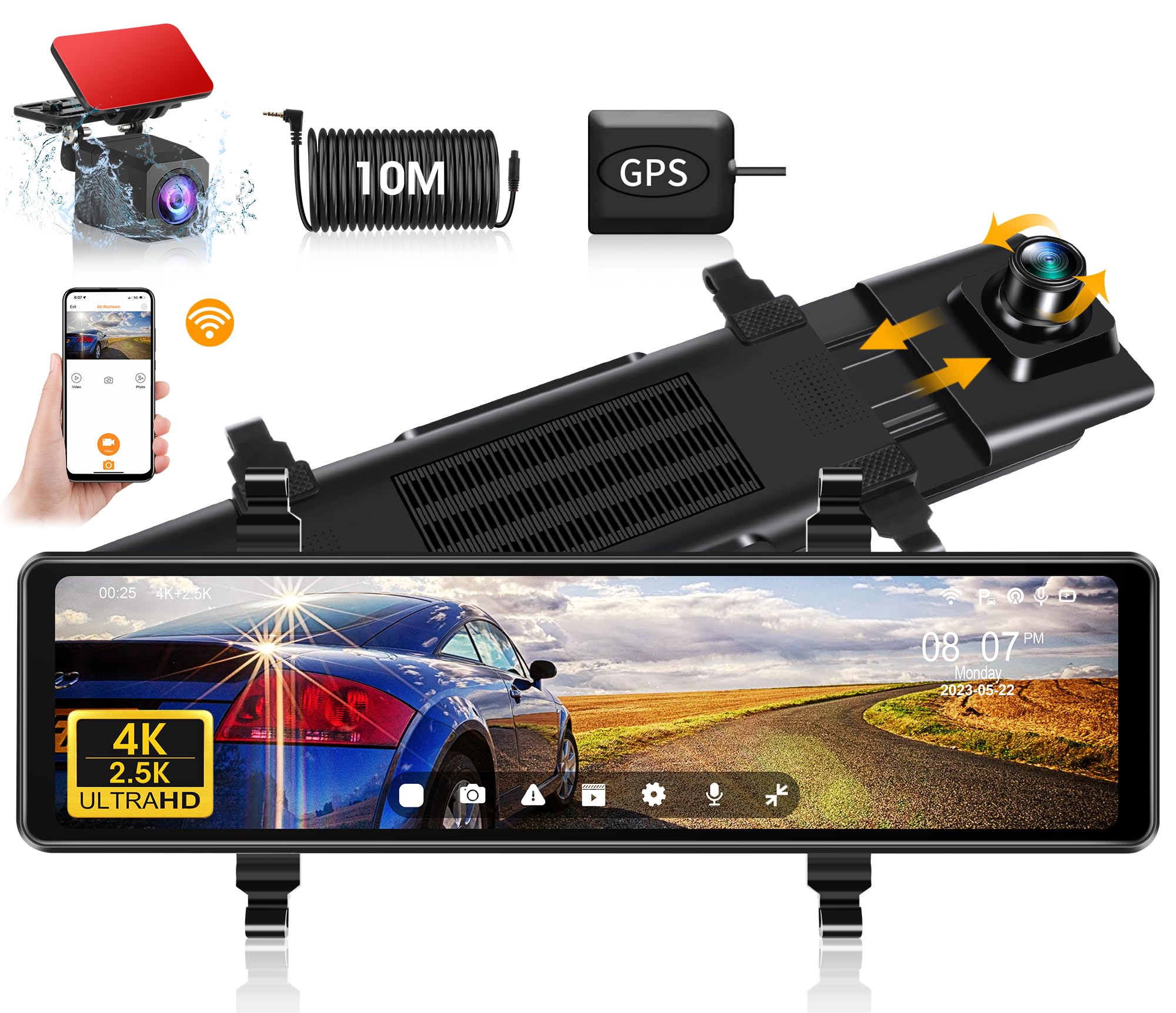 4K+2.5K WiFi Rear View Mirror Camera 12" Mirror Dash Cam