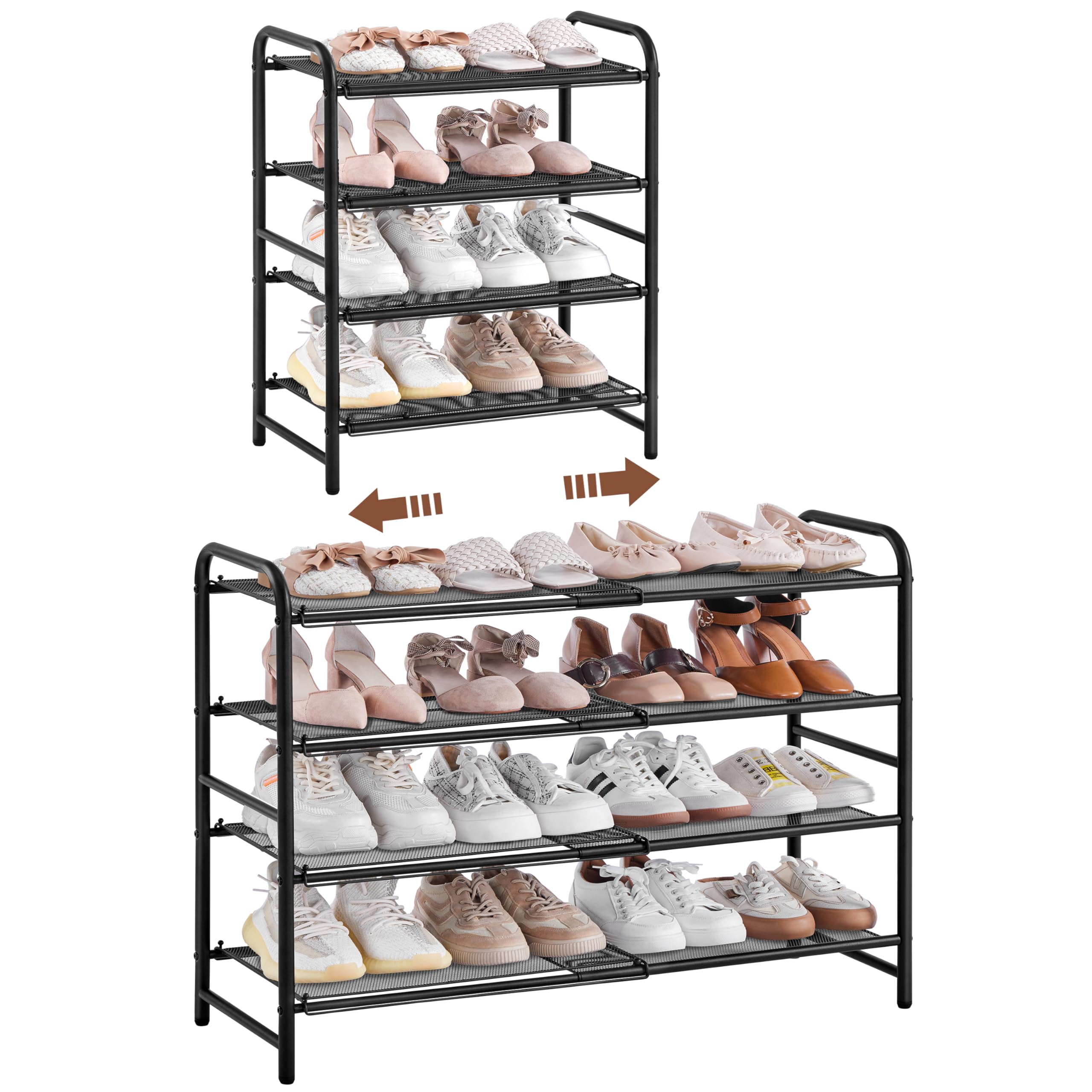 Yaheetech Erweiterbares Schuhregal aus Metallgeflecht, 4 Ebenen Verstellbarer Schuhständer, 50 bis 84,5 cm, Schuhorganizer Platzsparend für Eingangsbereich, Flur, Wohnzimmer (Schwarz)