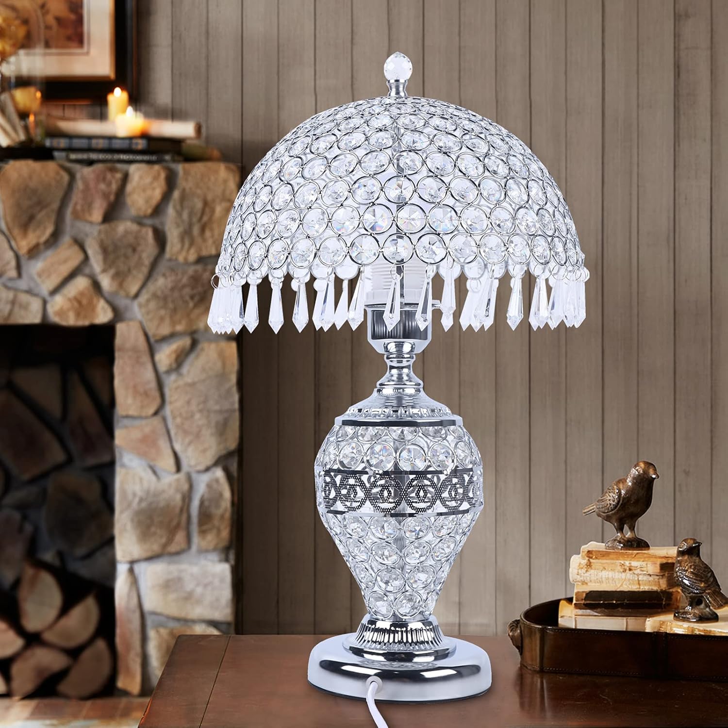LOYALHEARTDY Silver Crystal Table Lamp Vintage Bedroom Nightstand Desk Lamp Deluxe Bedside Lamp for Bedside Bedroom Living Room (Silver)