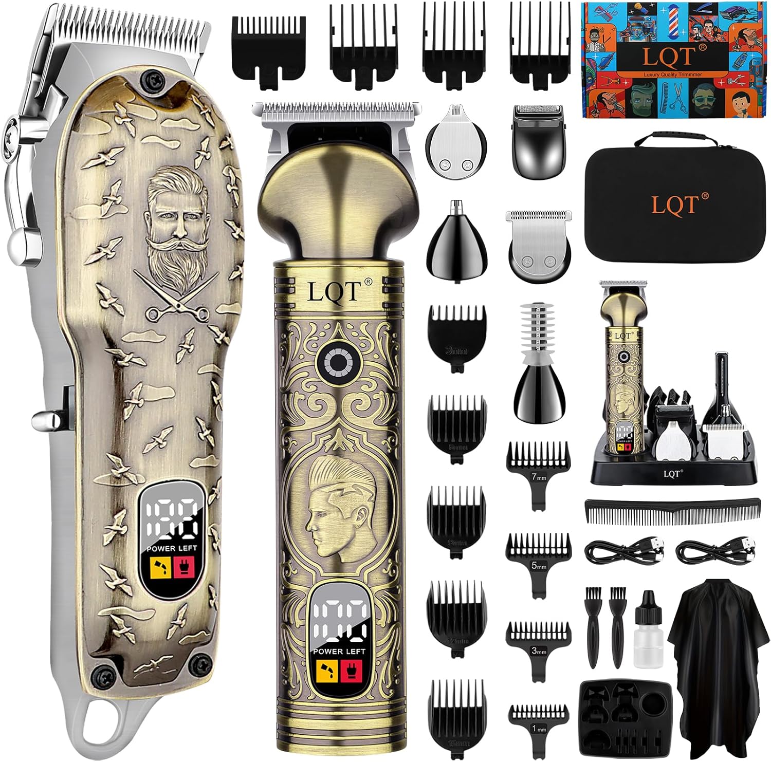 Professional Cordless Hair Clipper and Trimmer Set for Men, Multi-Functional Trimmer with 6 Stainless Steel Replaceable Blades,13 Guide Combs (1-15mm), LED Display,Vintage Bronze,Type-C Charging