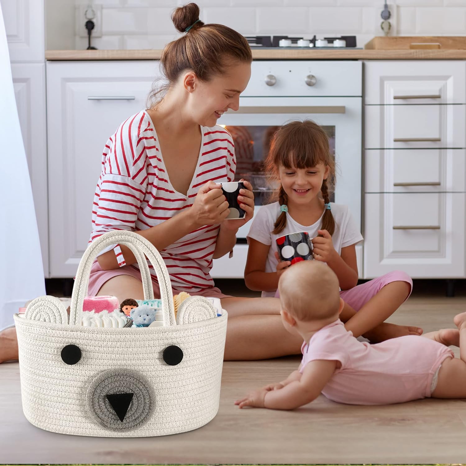 Baby Diaper Caddy Organizer | 100% Cotton Rope Basket | Newborn Baby Shower Basket for Diapers, Bibs, Toys and Baby Wipes | White (DC279)