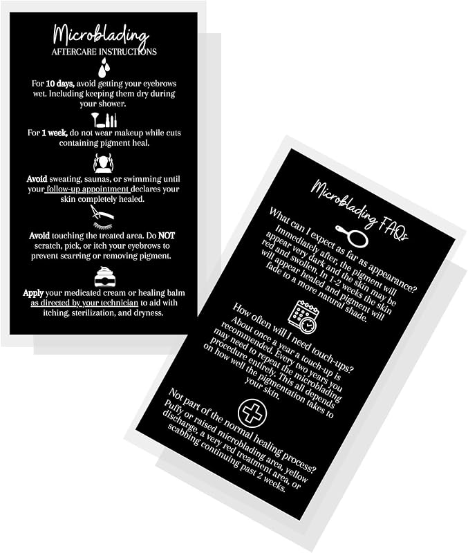 Cartões impressos de orientações para cuidados pós-microblading Boutique Marketing LLC, 50 unidades, 8,89 x 5,08 cm, preto e branco