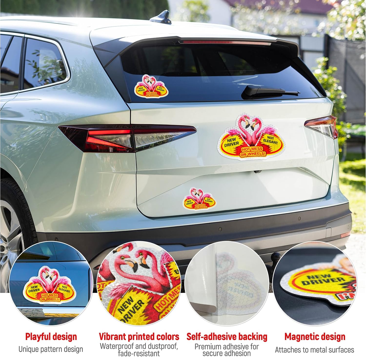 3 Pcs Reflective Student Driver Magnet and Stickers Set - Funny Animal New Driver Safety Signs for Car, Waterproof & Weatherproof High Visibility Vehicle Bumper Decals, Magnet + Stickers (Flamingo) image 5