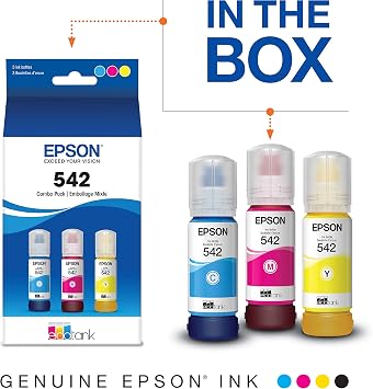 طابعة سوبرتك كل شيء لاسلكية من Epson EcoTank Pro ET-5850 مع الماسح الضوئي ، والمنسخة ، والفاكس وإيثرنت ، والأبيض و EPSON T542 EcoTank Ink & EPSON T542 EcoTank Ink زجاجة فائقة السعة باللون الأسود