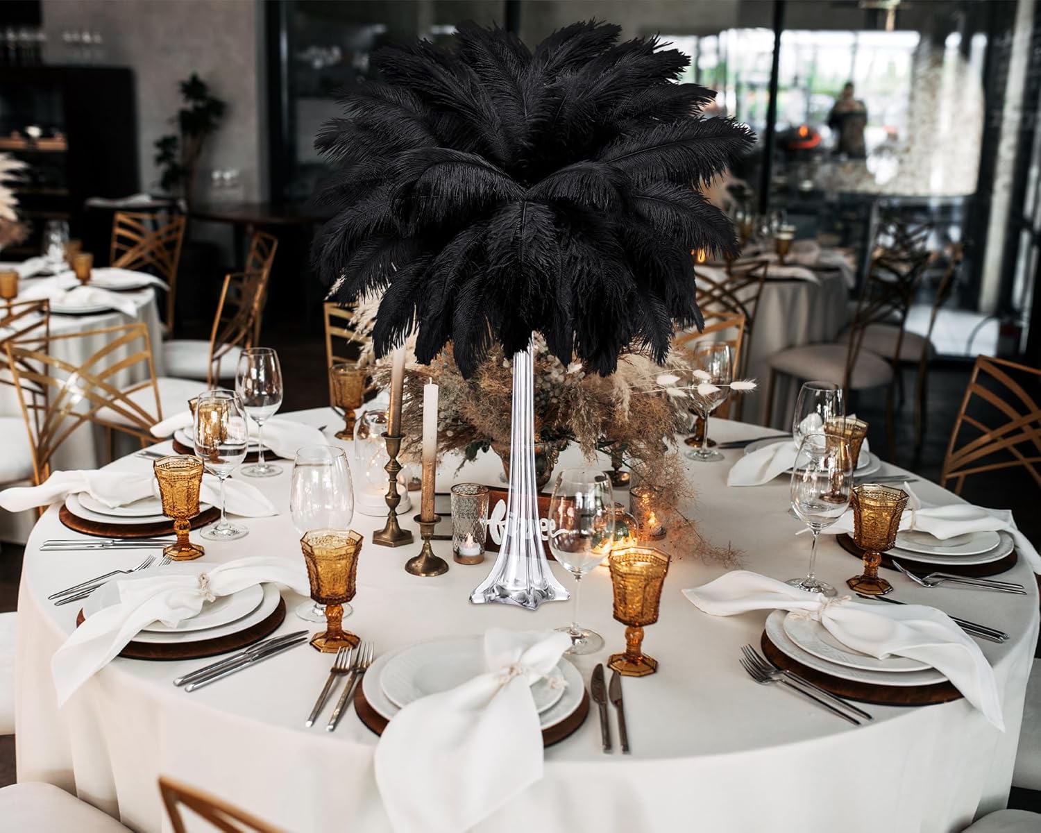 meekoo 6 Pcs Eiffel Tower Vases for Centerpieces with Ostrich Feathers 20 Inch Tall Skinny Clear Glass Extra Large Long Flower Vase for Wedding Flower Arrangement Home Decoration(Black)