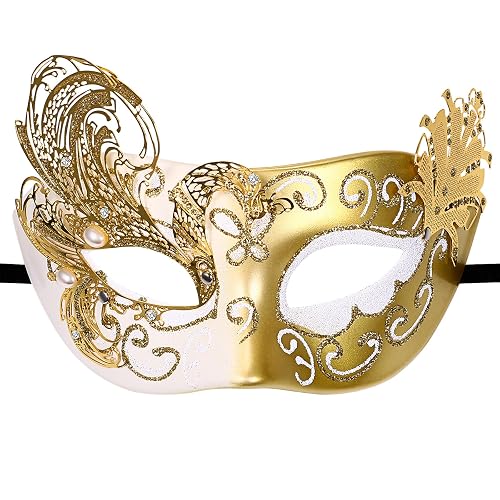JewelryWe Máscara Mascarada Venecia Mujer: Oro Pestaña Mariposa Máscara Metálica Pavo Real - Disfraces Cosplay