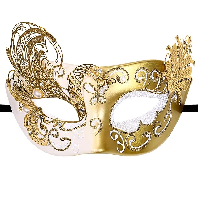 JewelryWe Máscara Mascarada Venecia Mujer: Oro Pestaña Mariposa Máscara Metálica Pavo Real - Disfraces Cosplay