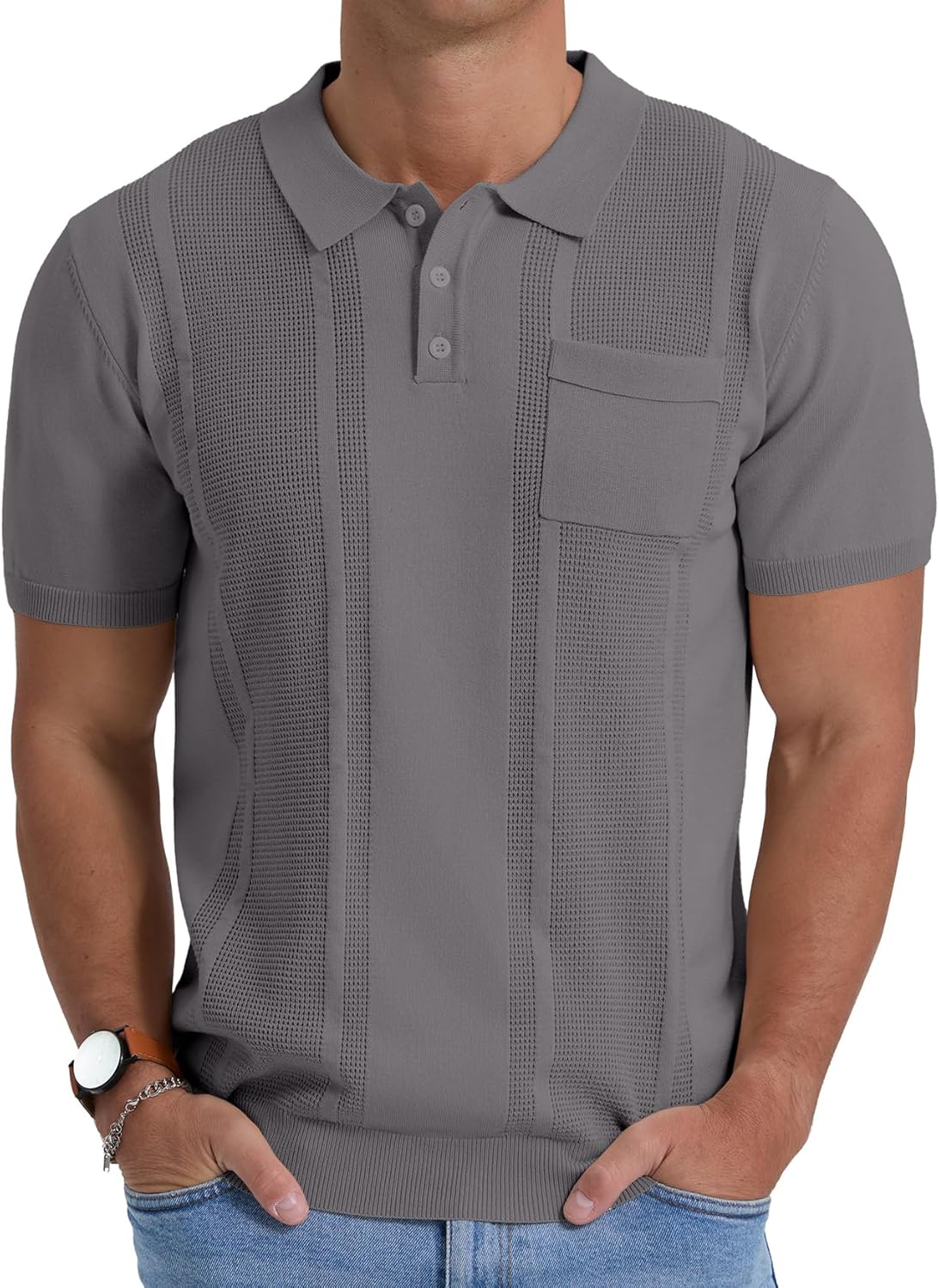 Sailwind Mens Textured Knit Polo Shirts Short Sleeve Summer Collared T Shirt with Pocket - Image 2