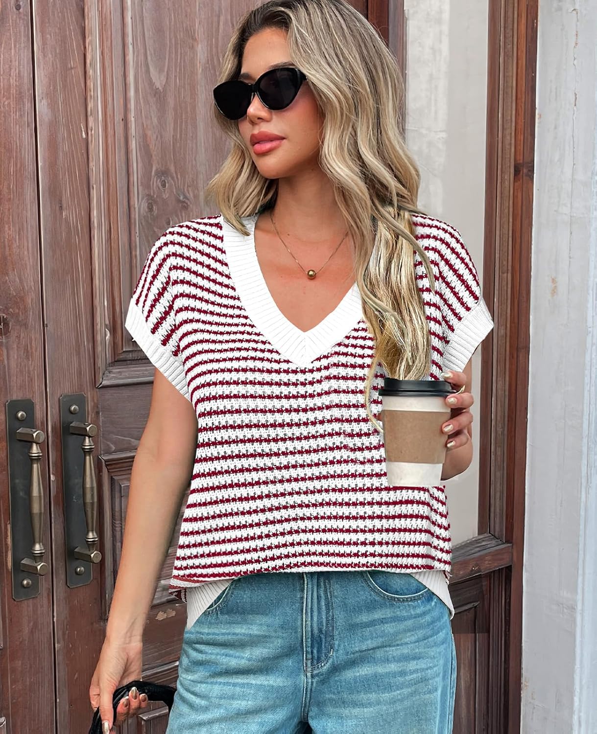 Womens Short Sleeve Sweater 2026 V Neck Striped Pullover Cap Sleeve Oversize Knit Sweater Vest Tops - Image 3