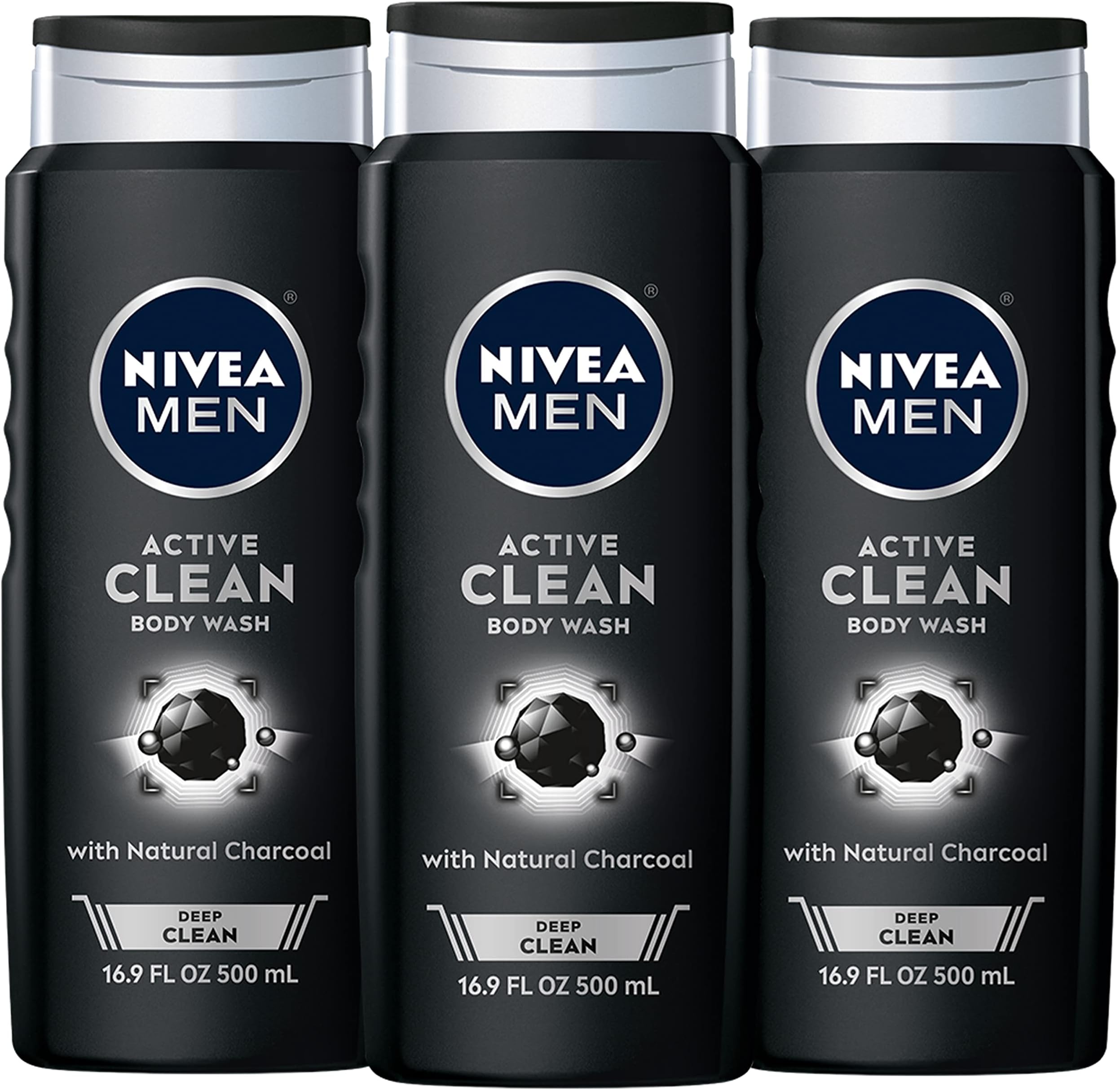 Nivea Men DEEP Active Clean Charcoal Body Wash, Cleansing Body Wash with Natural Charcoal, 3 Pack of 16.9 Fl Oz Bottles