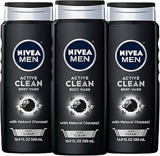 NIVEA MEN DEEP Active Clean Charcoal Body Wash, Cleansing Body Wash with Natural Charcoal, 3 Pack of 16.9 Fl Oz Bottles