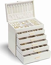 Vlando Large Capacity Jewelry Box, 6 Tiers, Drawer, Accessory Case, Earrings, Earrings, Earrings, Watch, Storage Case (Ivory)