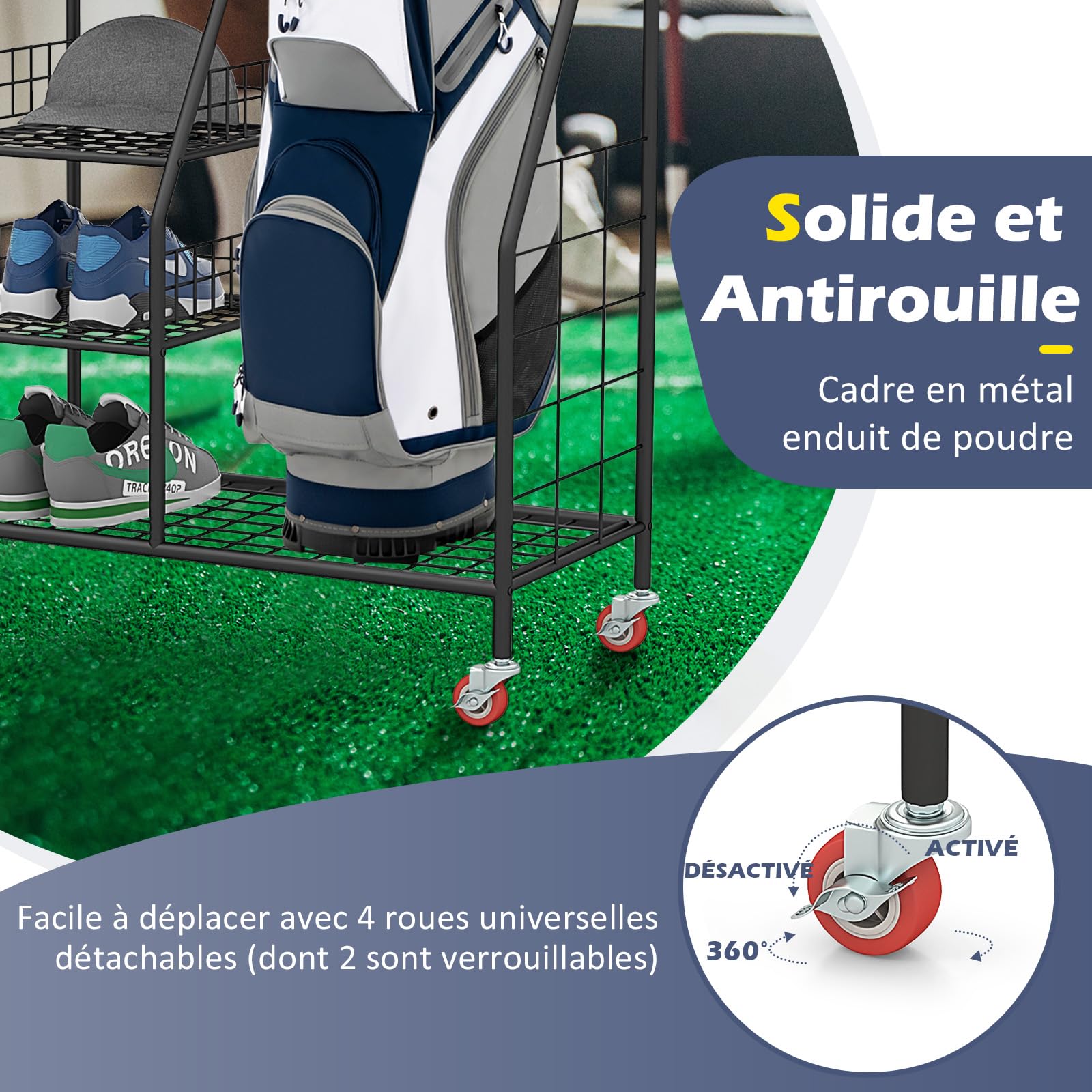 GOPLUS Organiseur de Rangement pour Sac de Golf en Métal Robuste, Support de Rangement pour Clubs de Golf avec Roues Verrouillables et Équipements de Golf, Étagère Latérales Amovibles, Noir