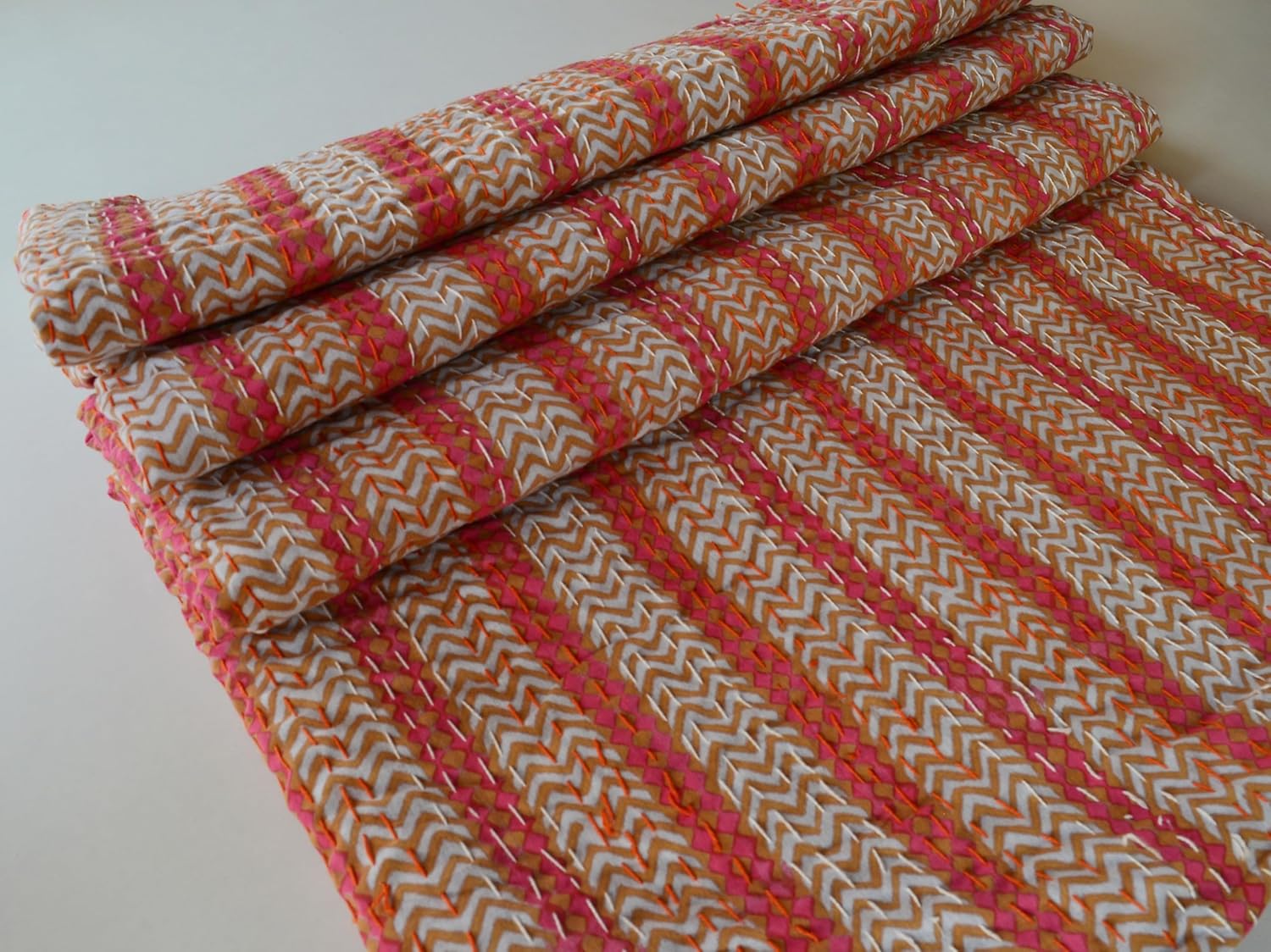 Ethnicfashville Block Printed Multi Strip Block Print Kantha Quilt Indian Handmade Quilted Bedding Cover Hand Block Cotton Kantha (California King)